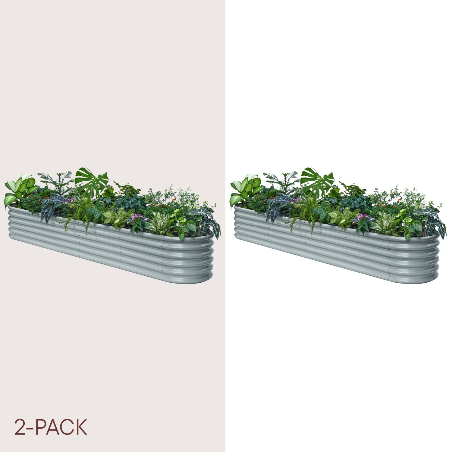 Two metal garden beds with plants on a white background, labeled '2-Pack'.