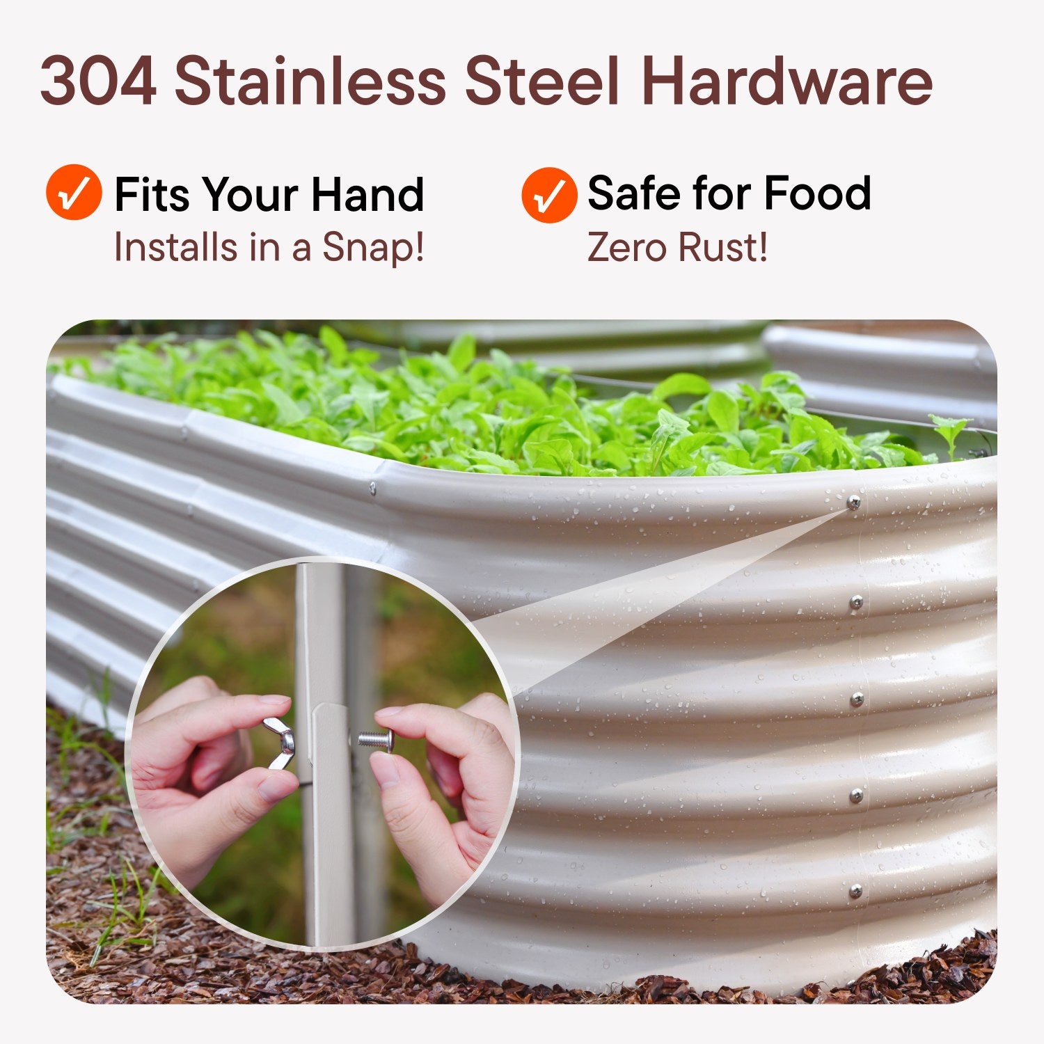 304 stainless steel hardware used in a raised garden bed for rust-proof and food-safe installation