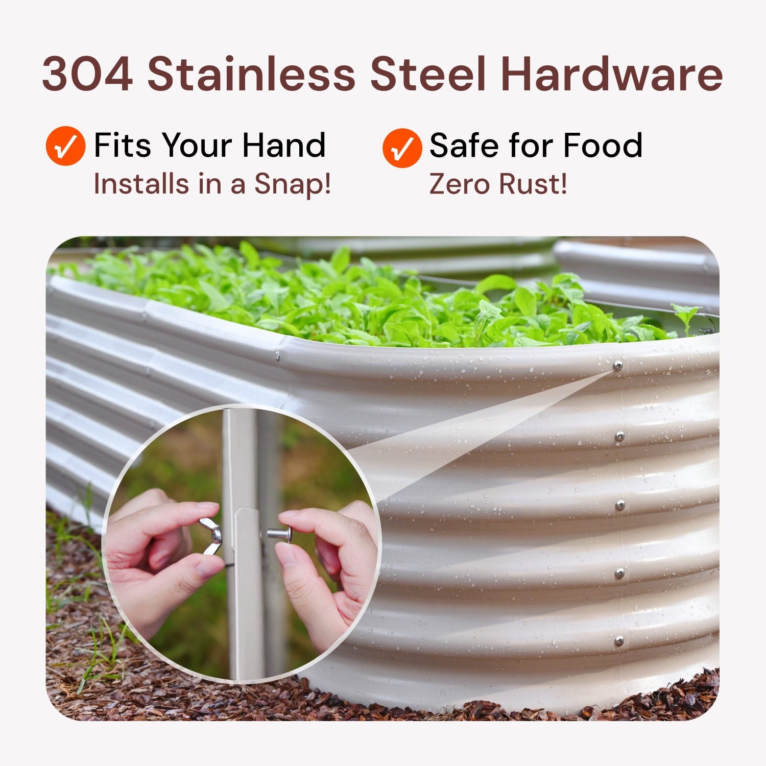 304 stainless steel hardware used in a raised garden bed for rust-proof and food-safe installation