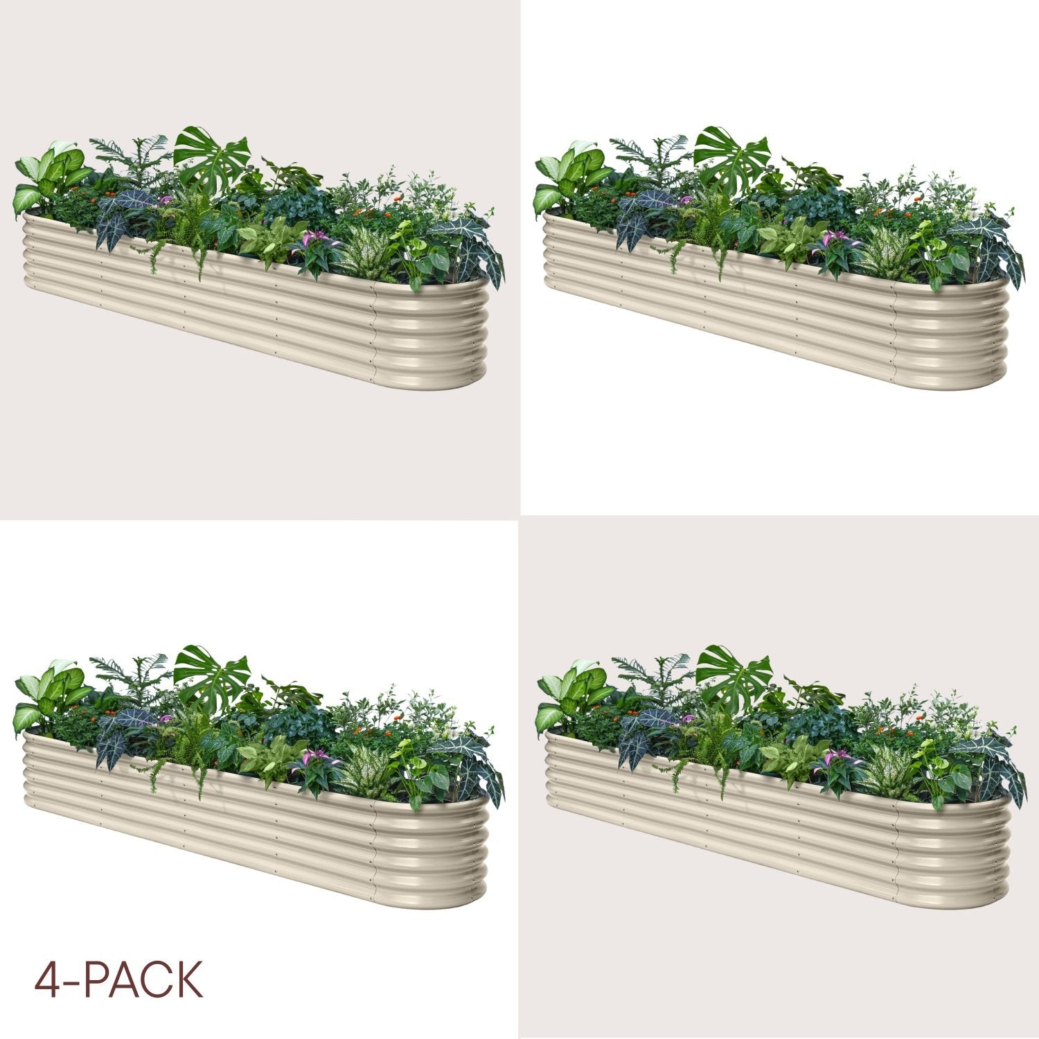 Four rectangular metal planters with green plants on a light beige background