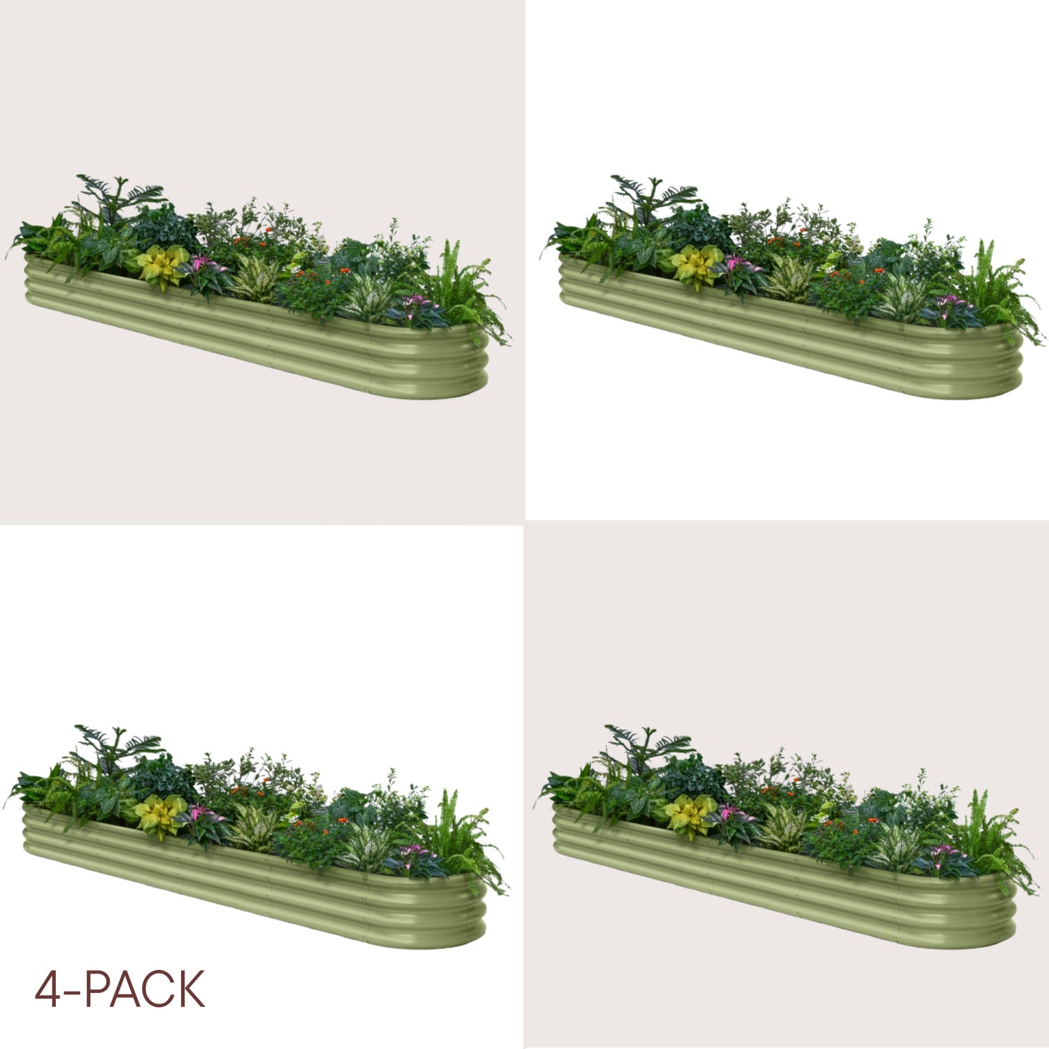 Four green metal planters with plants on a beige background