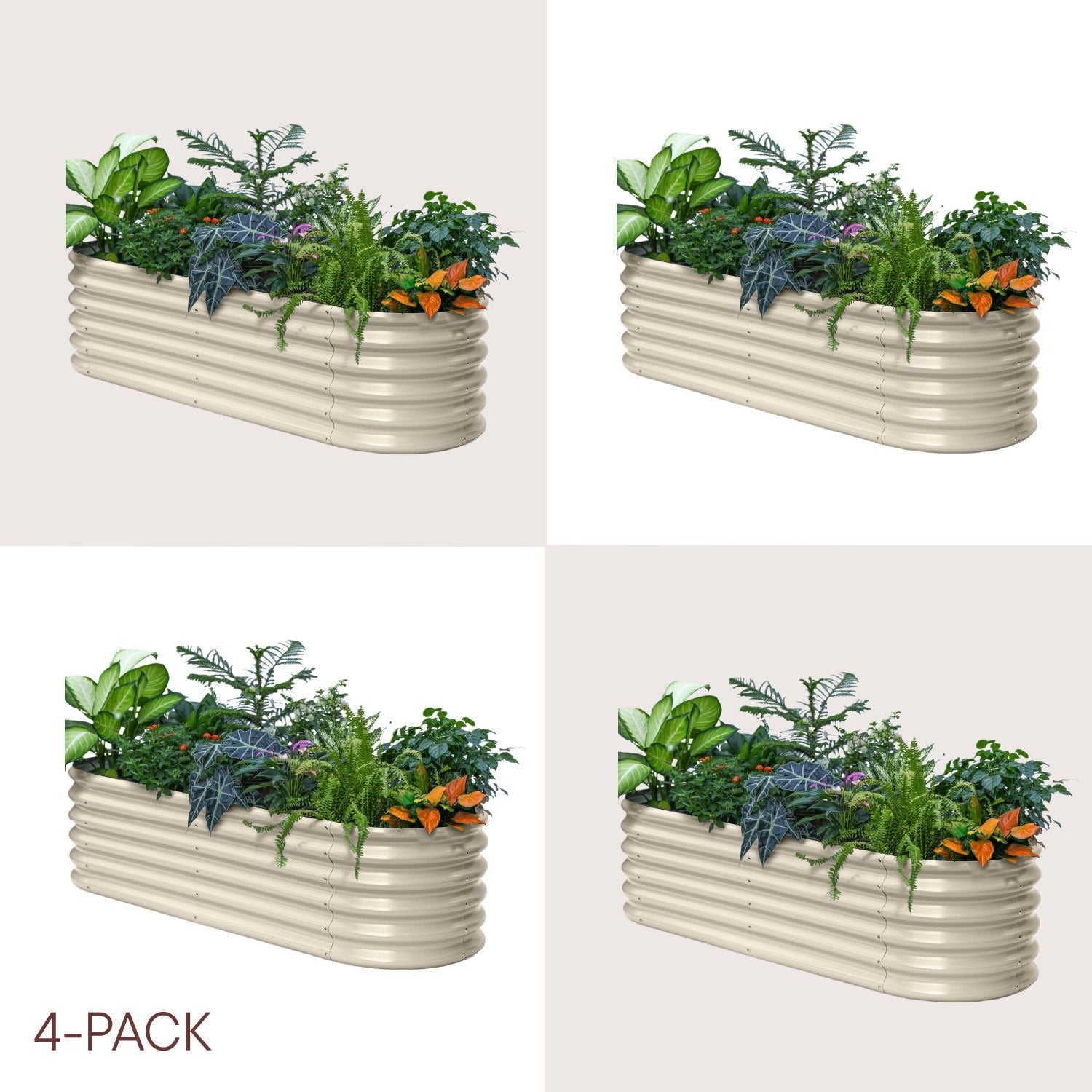 Four views of a rectangular metal planter with plants on a white background