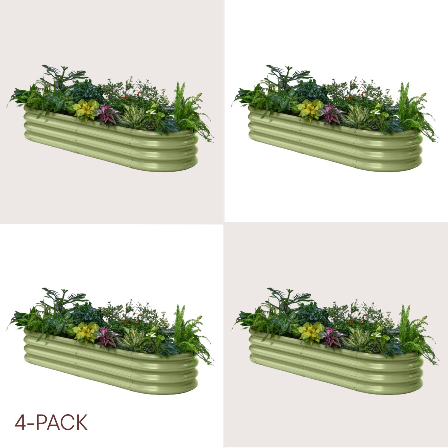 Four green inflatable planters with plants on a beige background