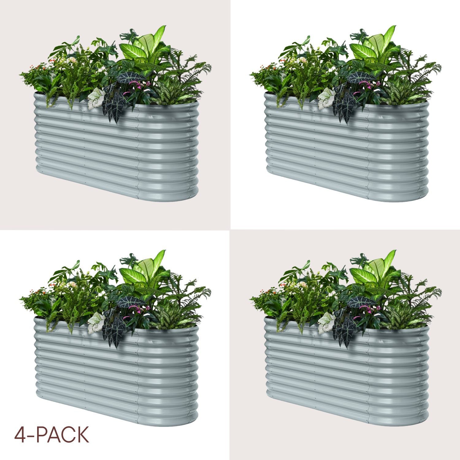 Four views of a metal planter with plants on a beige background