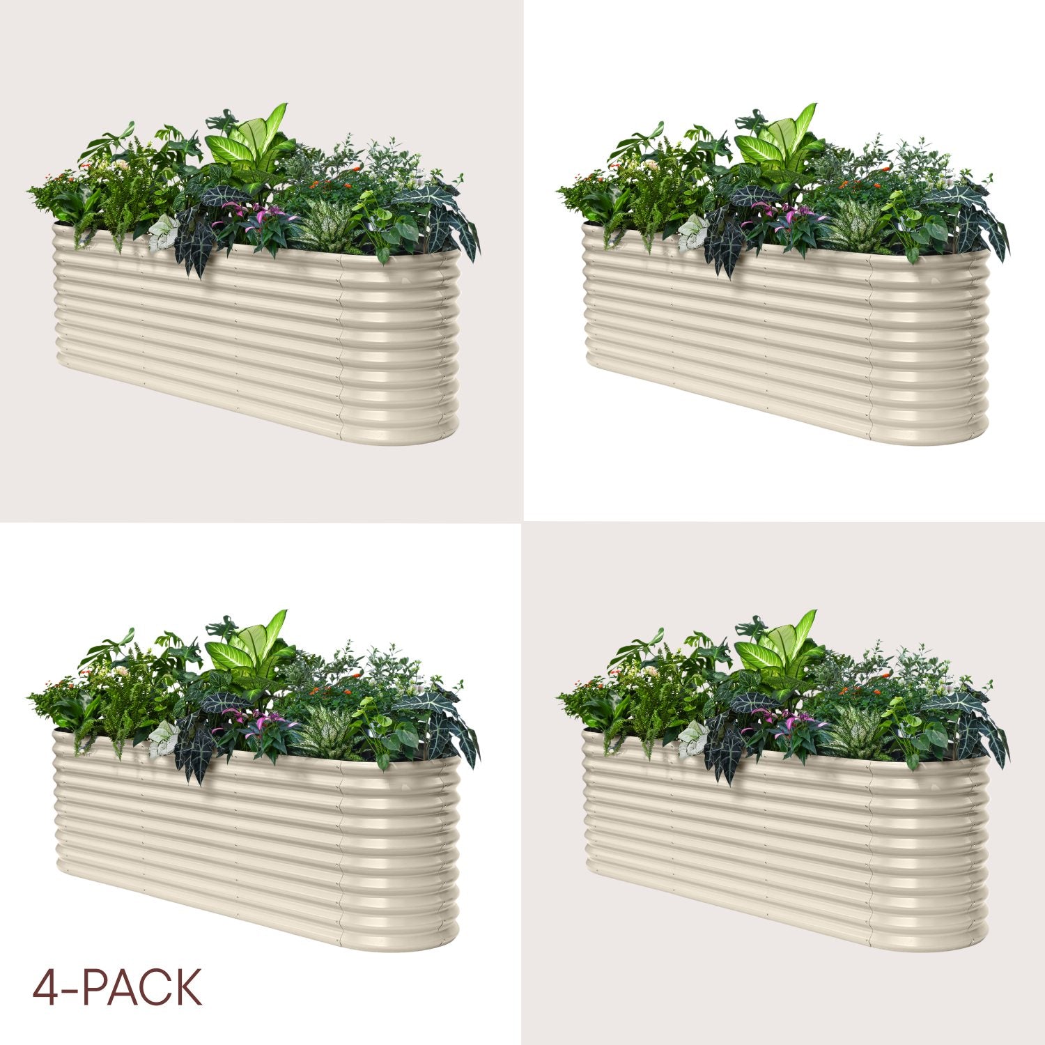 Four views of a rectangular metal planter with plants on a light gray background.