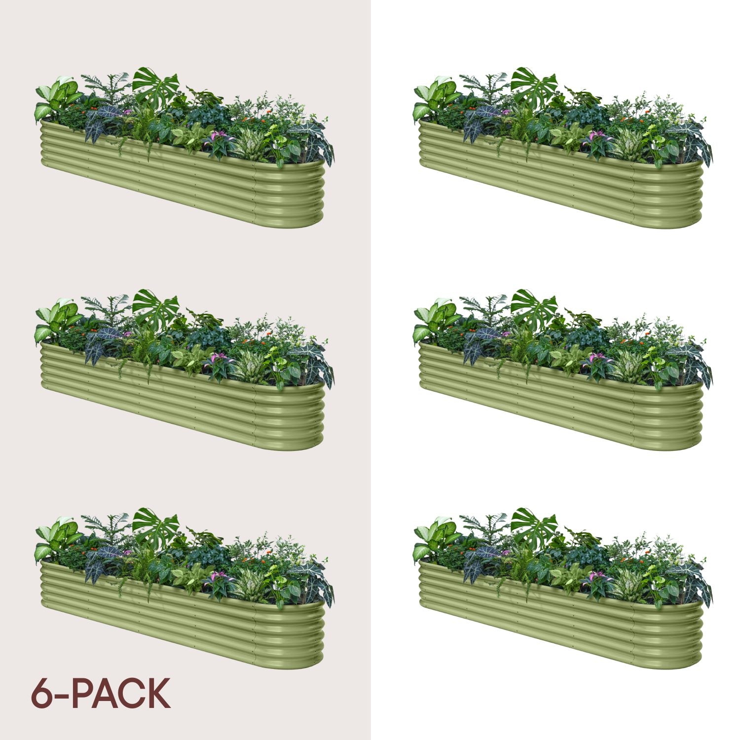 Set of six green rectangular garden planters with plants on a beige background