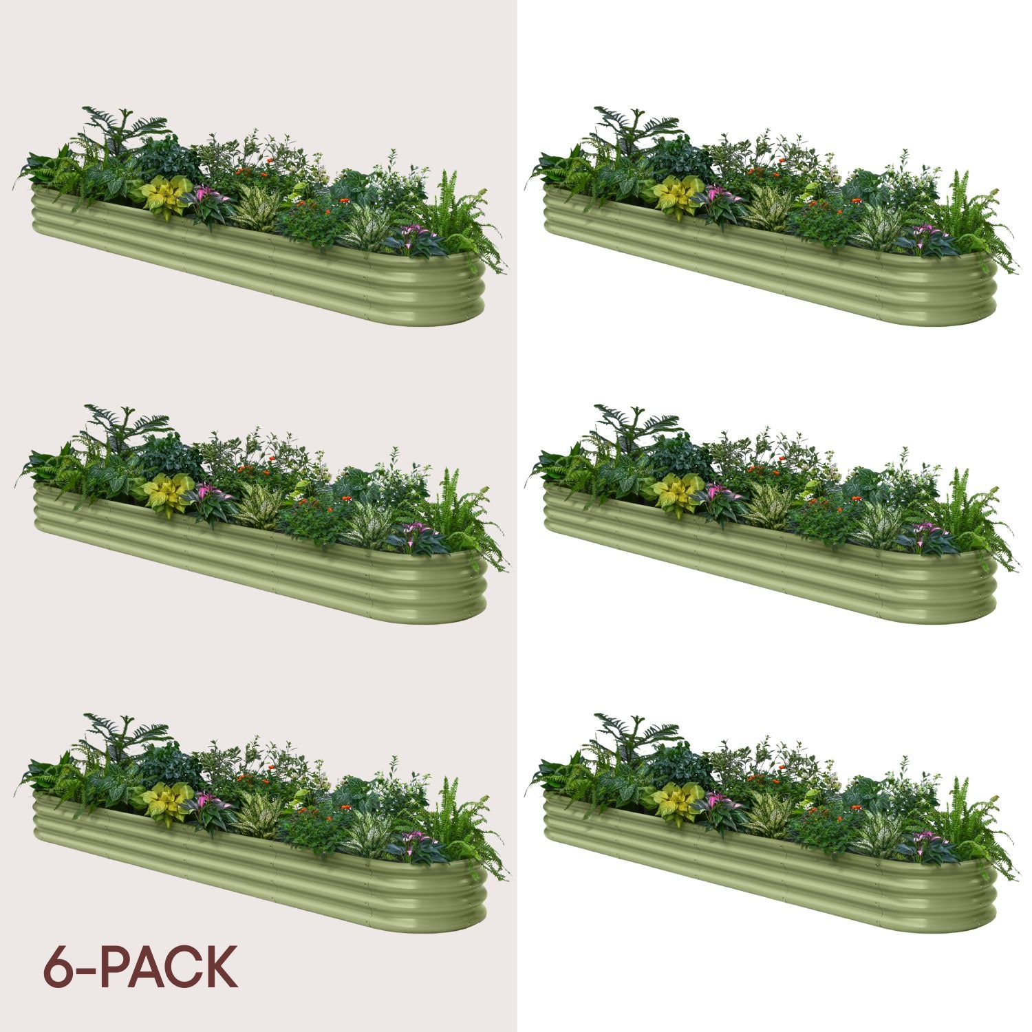 Set of six green metal planters with plants on a beige background