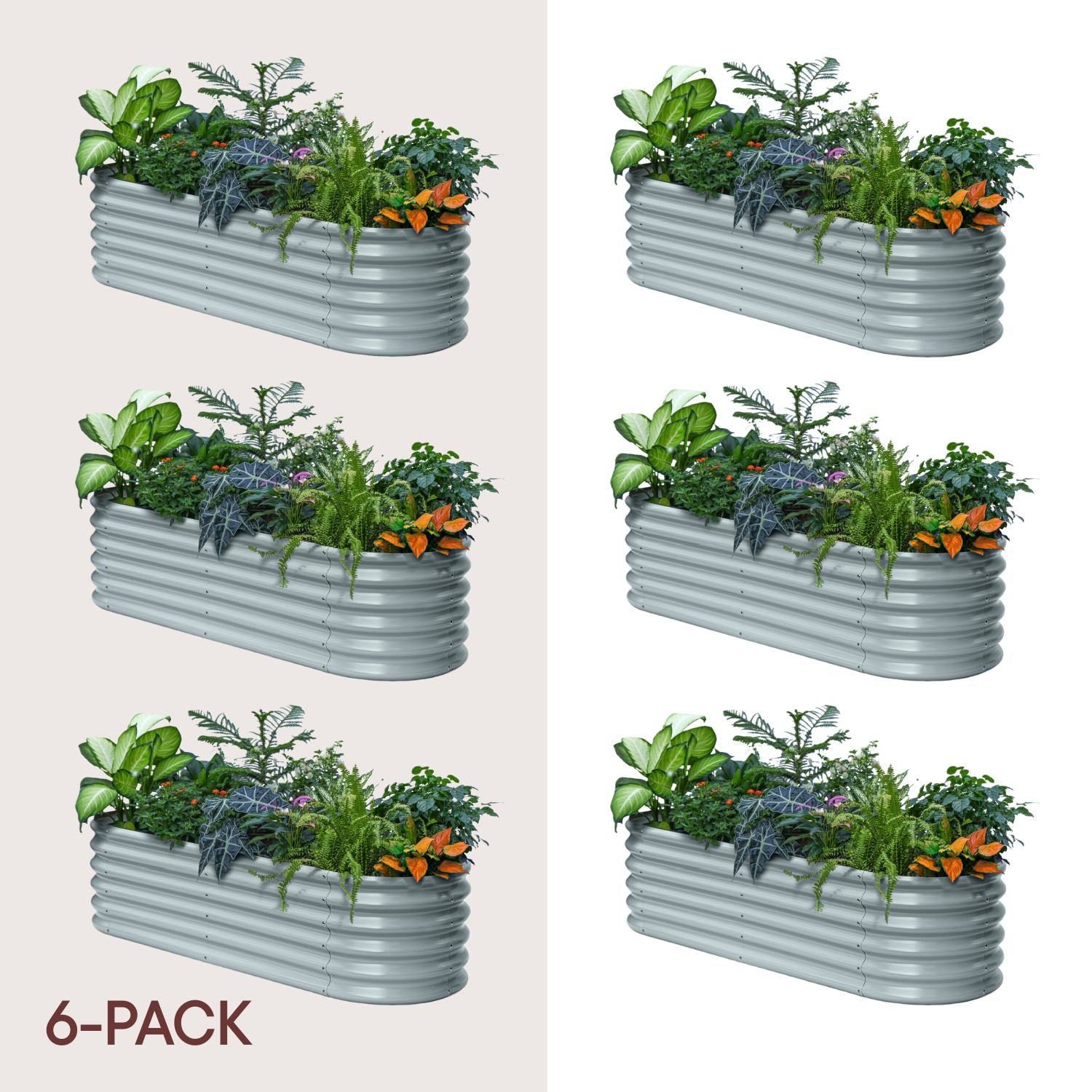 Set of six metal garden planters with plants on a beige background