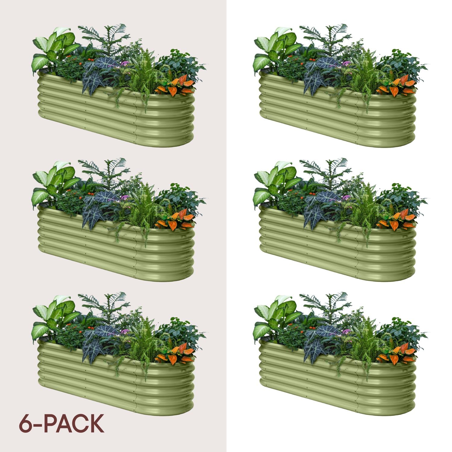 Set of six green raised garden beds with plants on a beige background