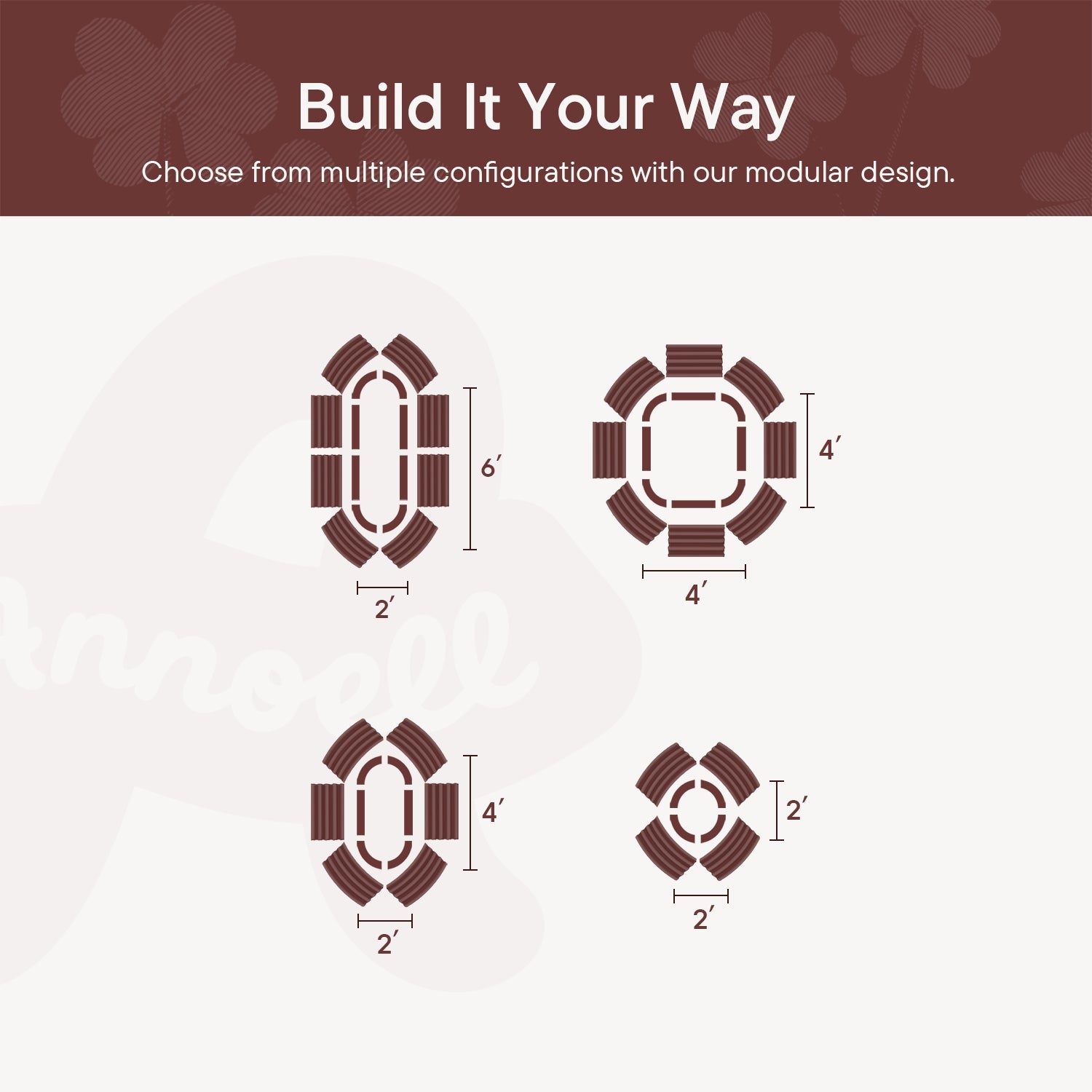 Modular design configurations with dimensions on a white background