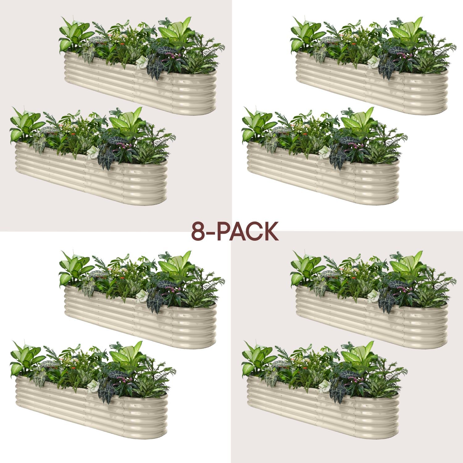 8-pack of rectangular metal planters with plants on a white background