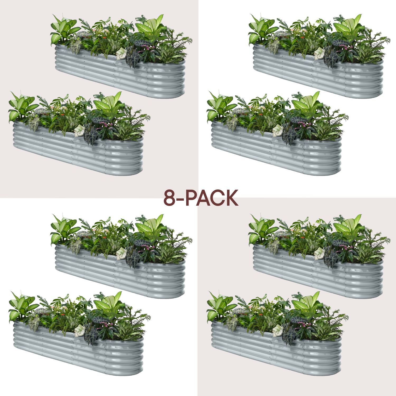 8-pack of metal planters with plants on a white background