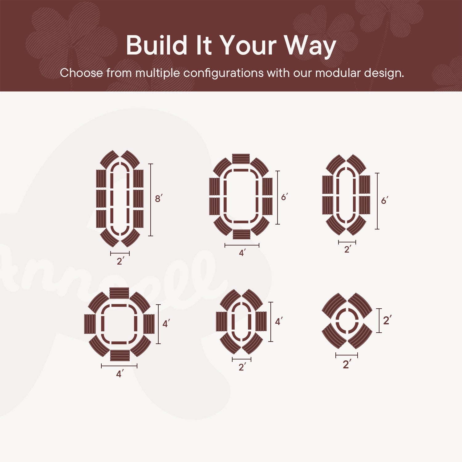 Modular design configurations with dimensions on a light gray background