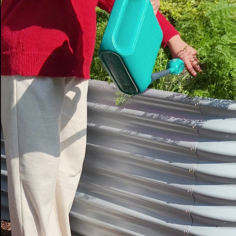 Person in a red sweater and beige pants holding a blue watering can over a metal surface with greenery in the background.