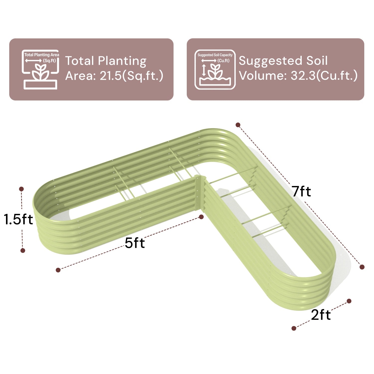 Green rectangular planter with dimensions and capacity details on a white background