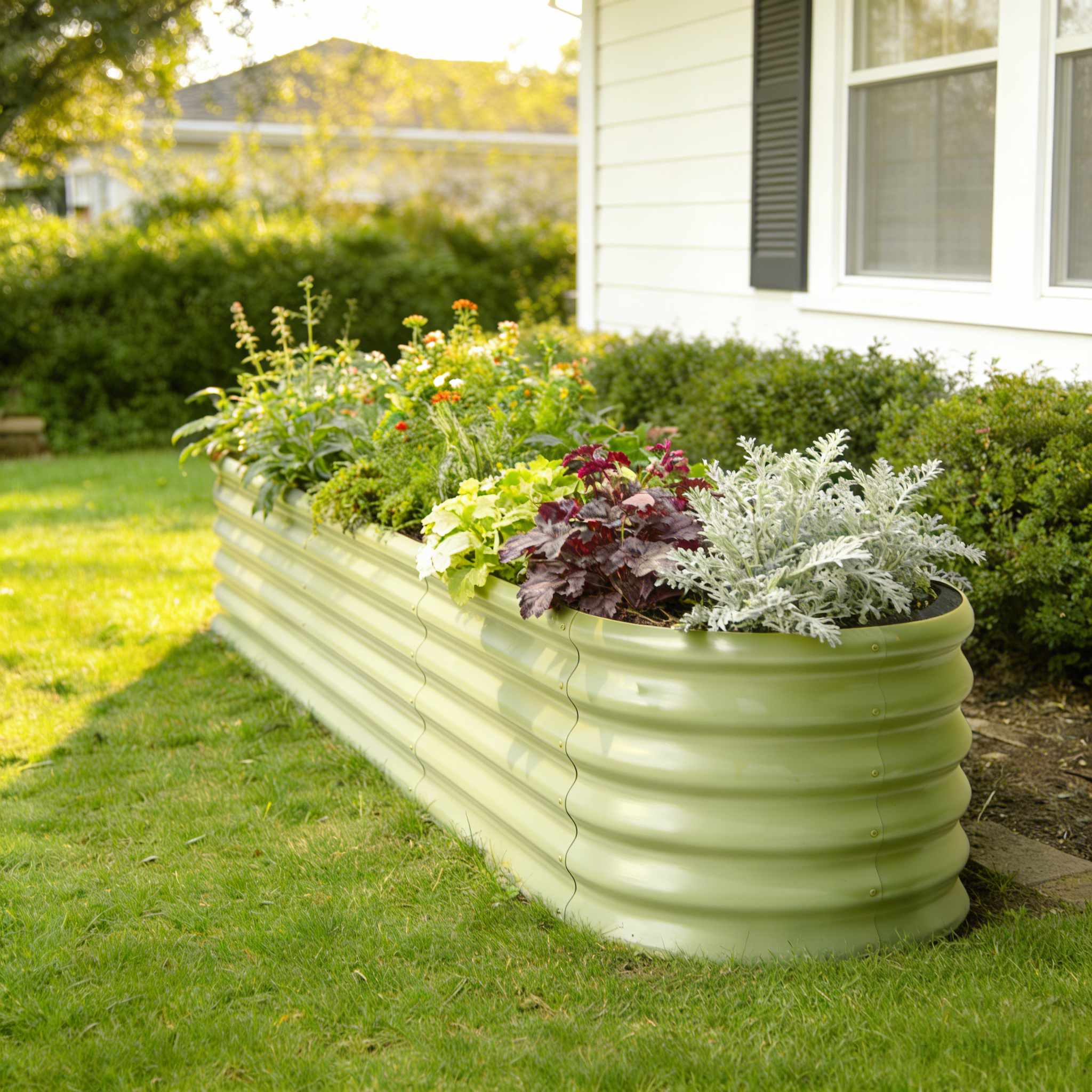 Metal raised garden bed placed in a backyard garden, ideal for growing vegetables and flowers outdoors
