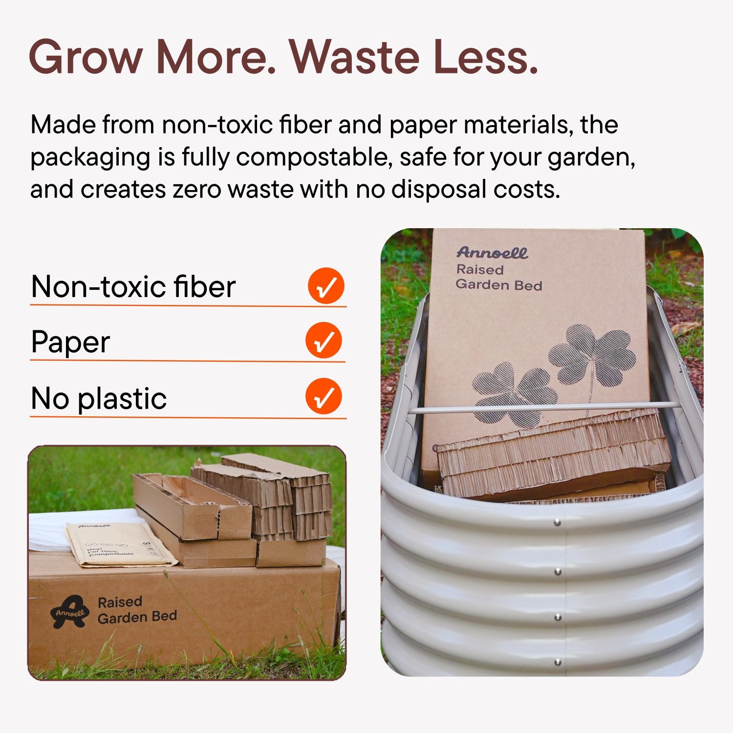Eco friendly packaging for a metal raised garden bed made from non-toxic fiber and paper materials with no plastic waste