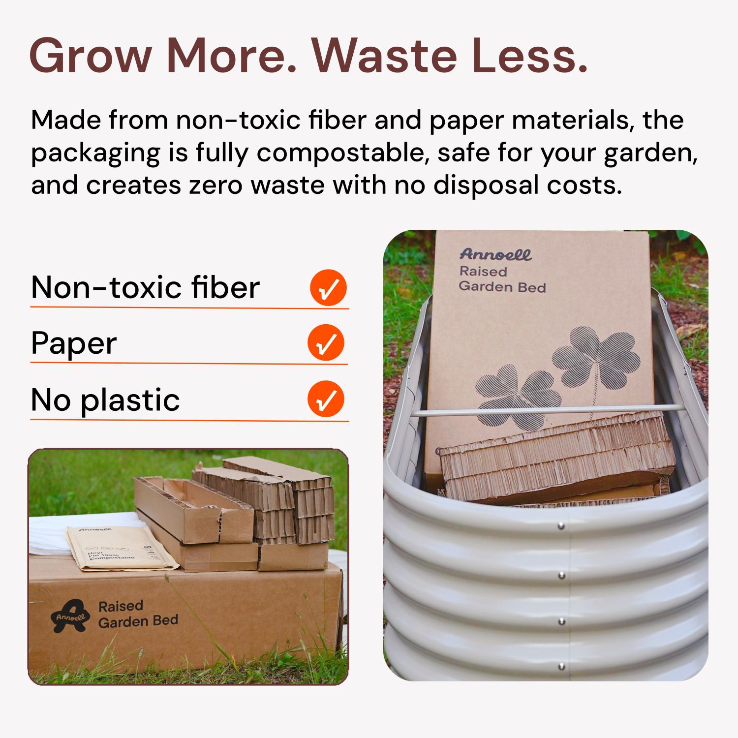 Eco friendly packaging for a metal raised garden bed made from non-toxic fiber and paper materials with no plastic waste