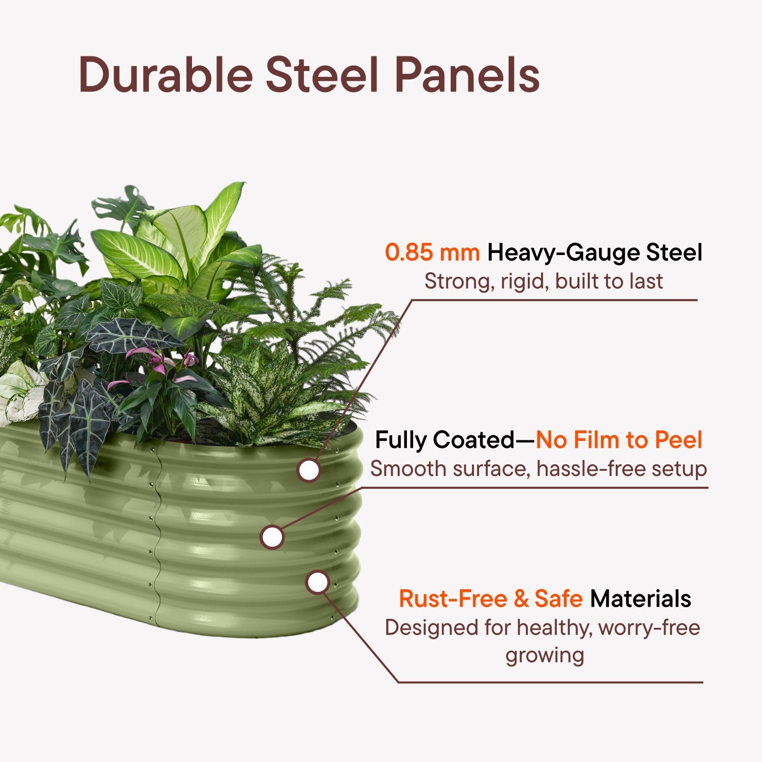 Durable metal garden bed made with 0.85 mm steel panels and fully coated surface for long-lasting outdoor gardening