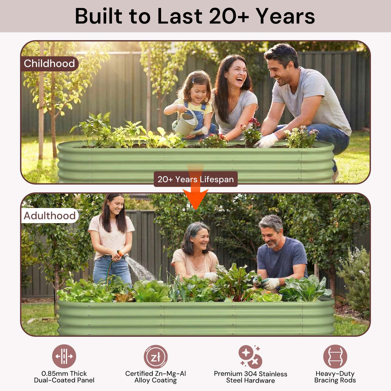 Raised garden bed used by a family in the backyard, designed to last over 20 years for safe and long-term vegetable gardening