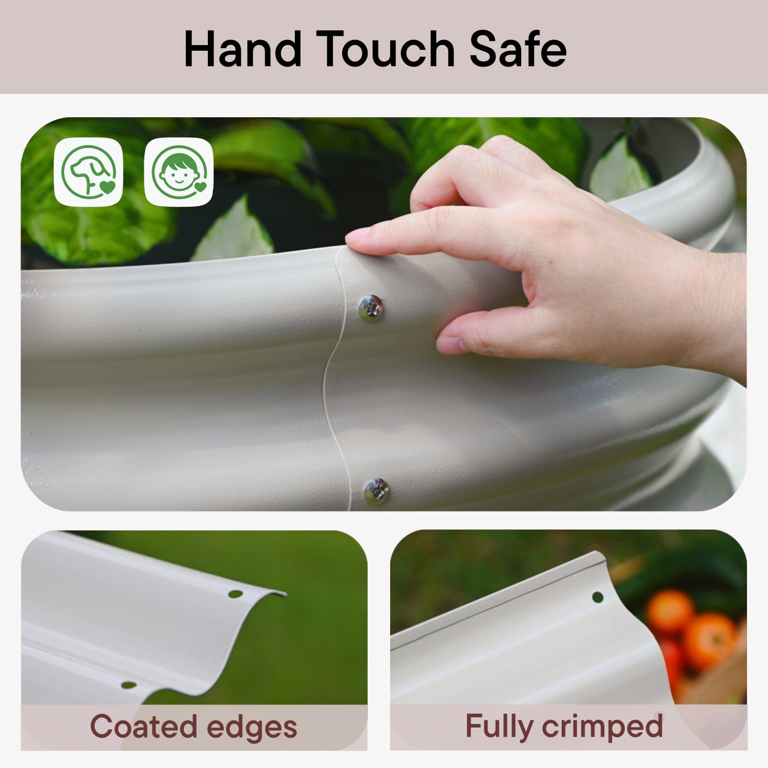 Hand-touch safe galvanized raised garden bed with fully crimped and coated edges for family-friendly use