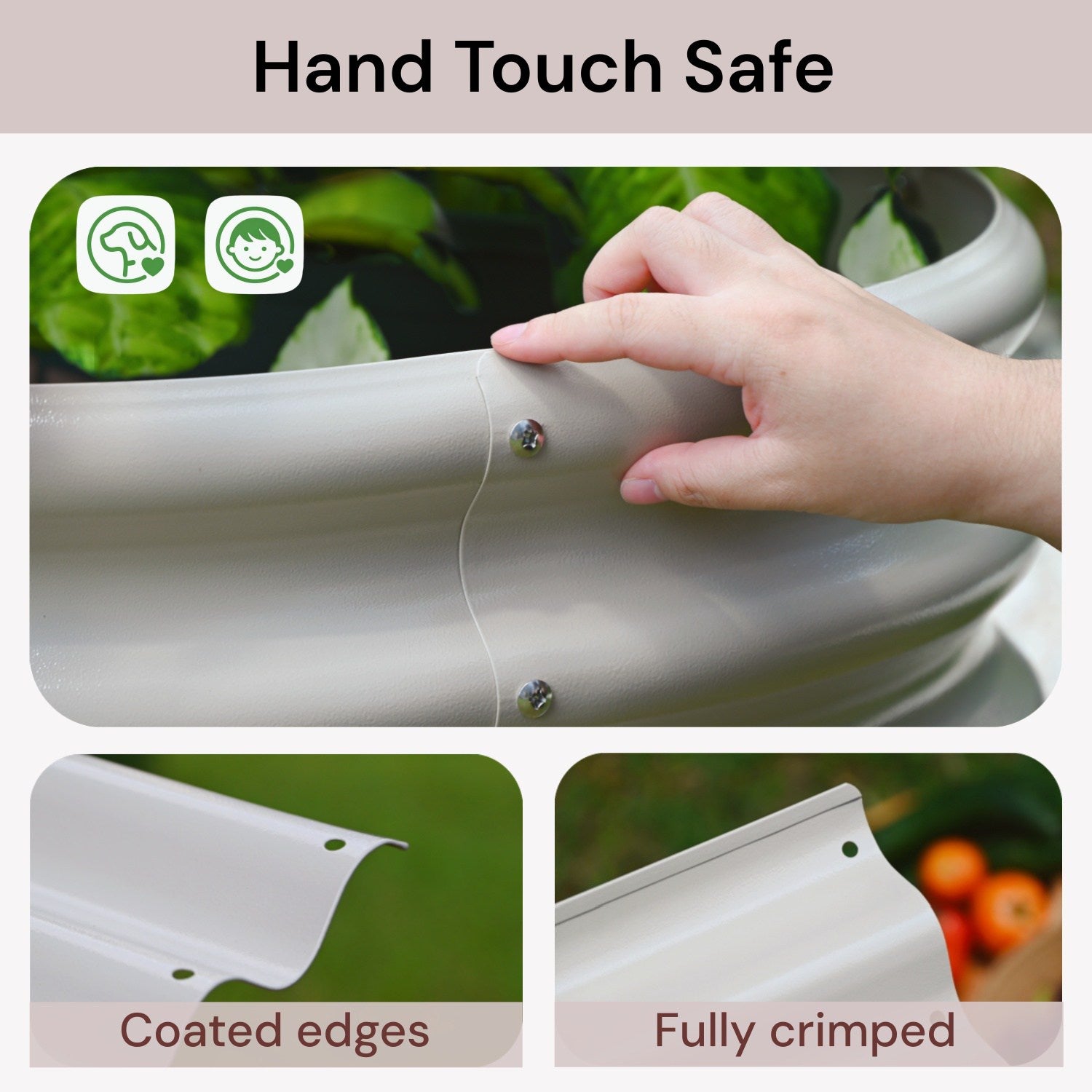 Hand-touch safe galvanized raised garden bed with fully crimped and coated edges for family-friendly use