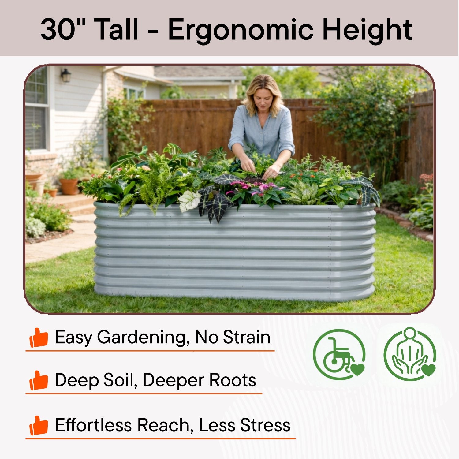 A tall raised garden bed with ergonomic height for easy gardening without bending or strain