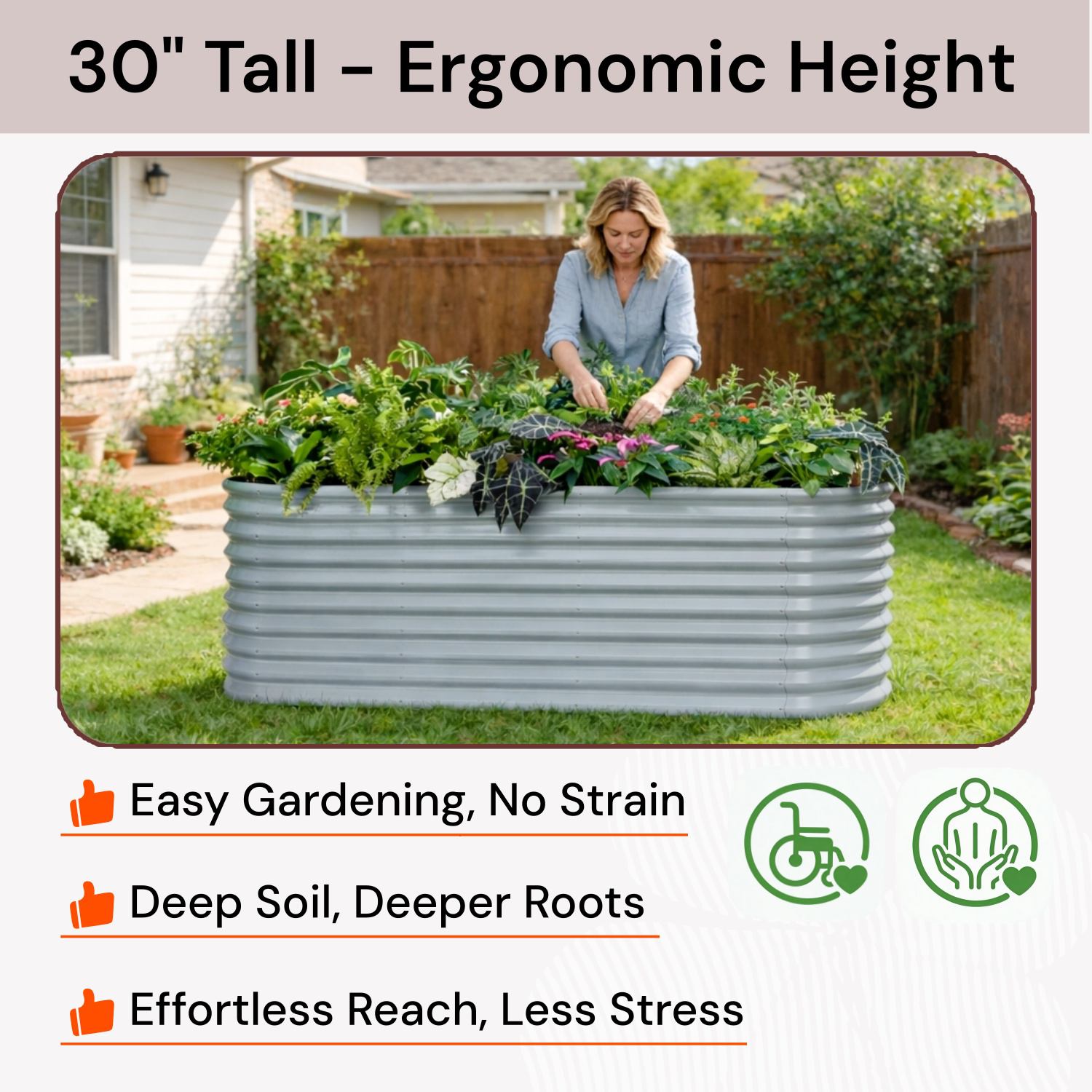 A tall raised garden bed with ergonomic height for easy gardening without bending or strain