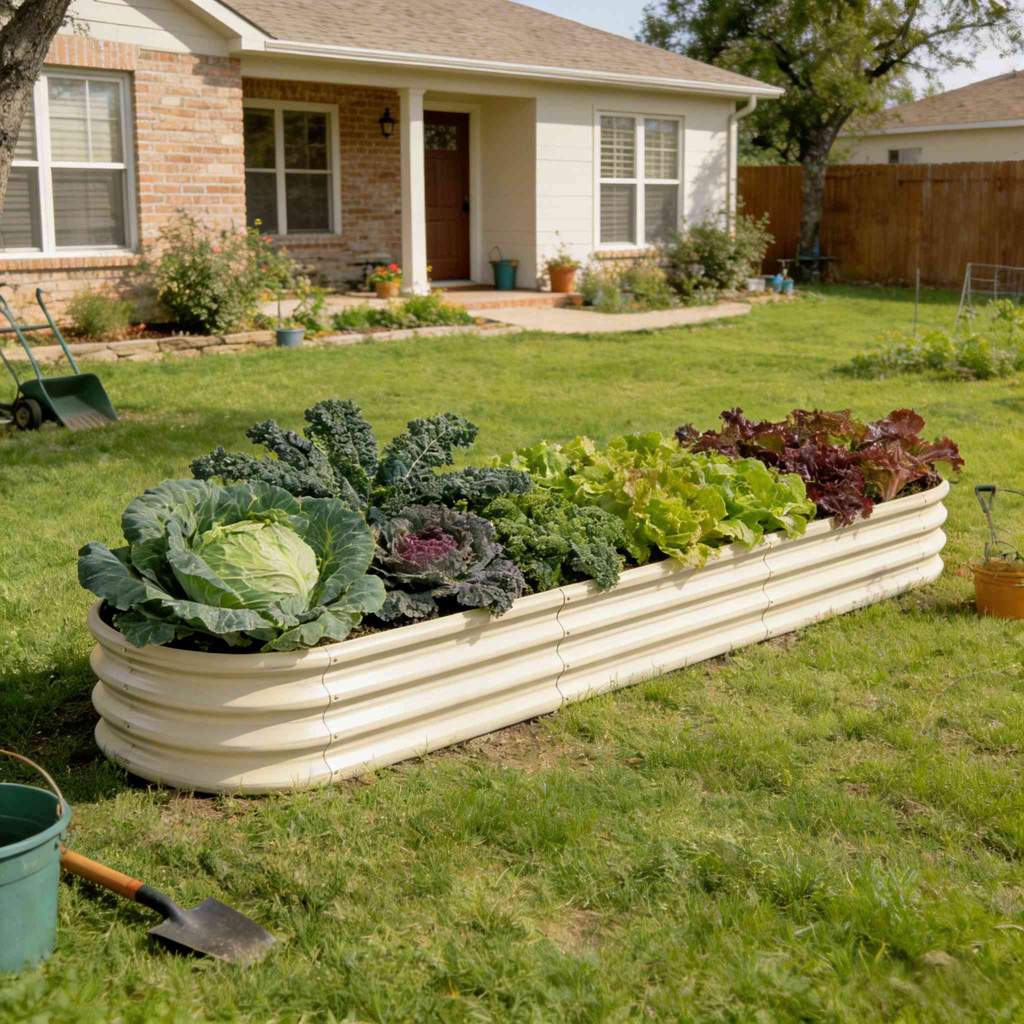 Galvanized raised garden bed placed in a backyard garden, ideal for growing vegetables and flowers outdoors