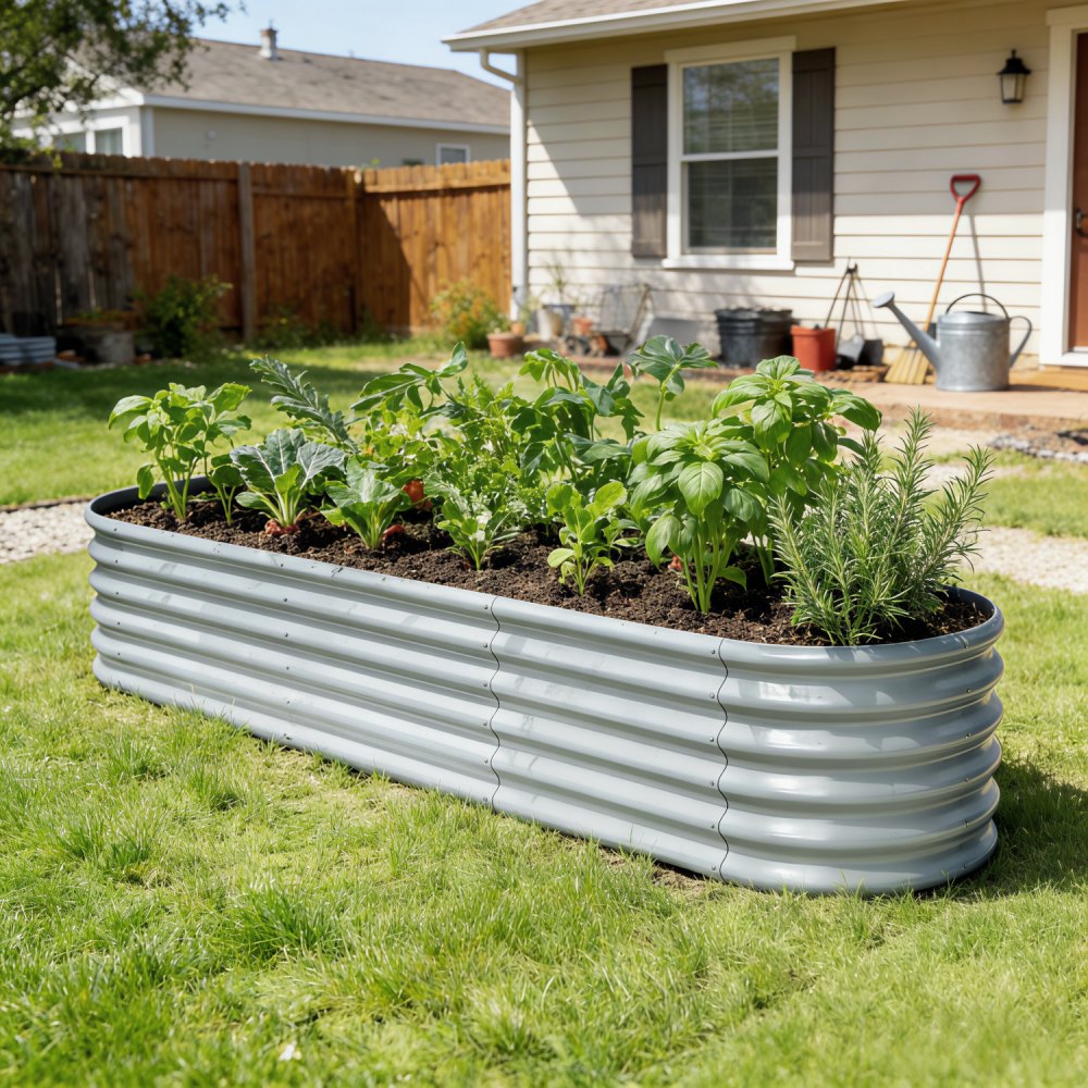 Metal raised garden bed placed in a backyard garden, ideal for growing colorful flowers outdoor