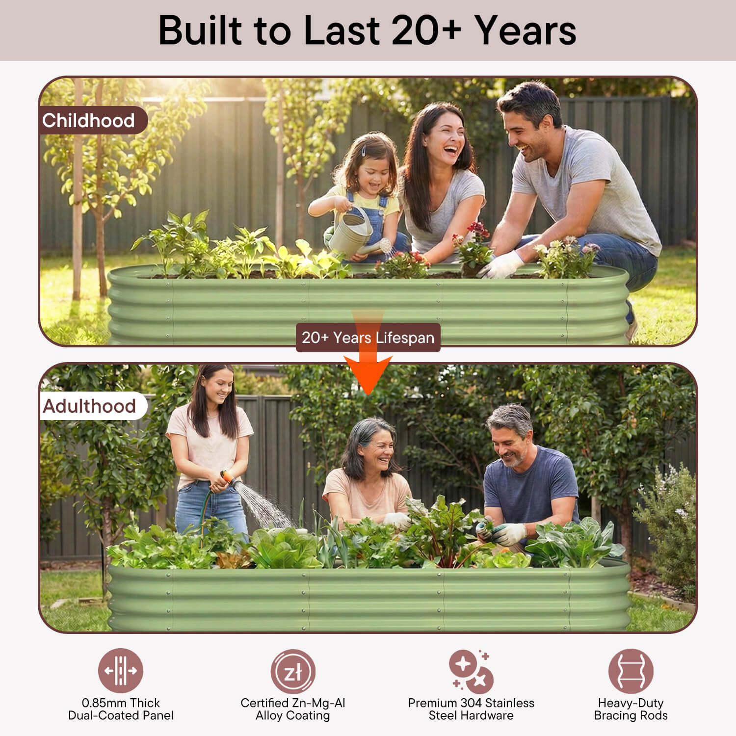 Raised garden bed used by a family in the backyard, designed to last over 20 years for safe and long-term vegetable gardening